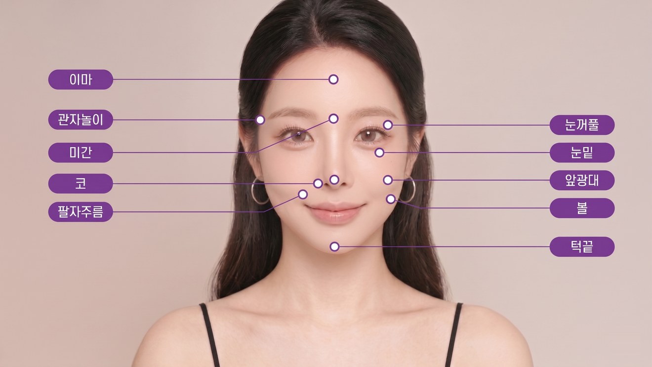 지방이식 시술 부위 — 이마·관자놀이·미간·코·팔자주름·눈꺼풀·눈밑·앞광대·볼·턱끝