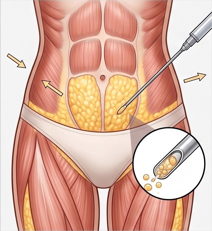 지방이식 STEP 01 — 복부·허벅지 지방 채취