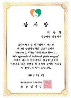 대한성형외과학회 학술 발표 감사장 — 최동일 대표원장